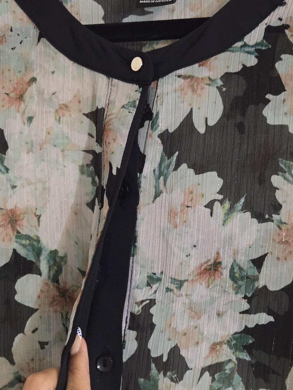 Liz Claiborne Sheer Floral Button Front Blouse - Black, White, Green - Picture 3 of 7